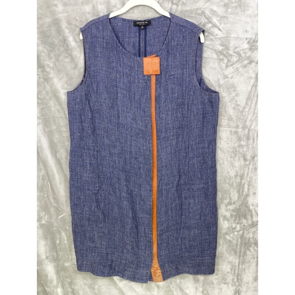 LAFAYETTE 148 Dress Size XL Linen Shift Full Zip‎ Leather Trim Blue Knee Length